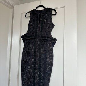 Altuzarra Peplum Pencil Dress Sz 38 Blue Black Gold Tweed Ruffle Trim